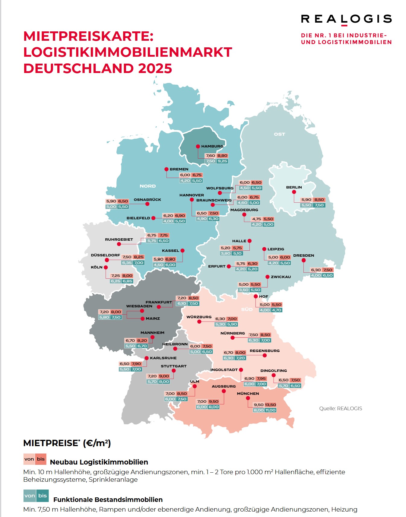 REALOGIS, Rental prices for logistics space, Logistics real estate market Germany, Rental price map for logistics markets 2025 / Source: REALOGIS